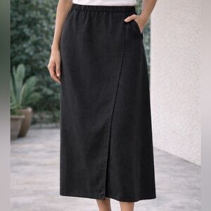 BICE 100% Linen Skirt M Black Midi Wrap Elastic Waist Breathable Summer Resort